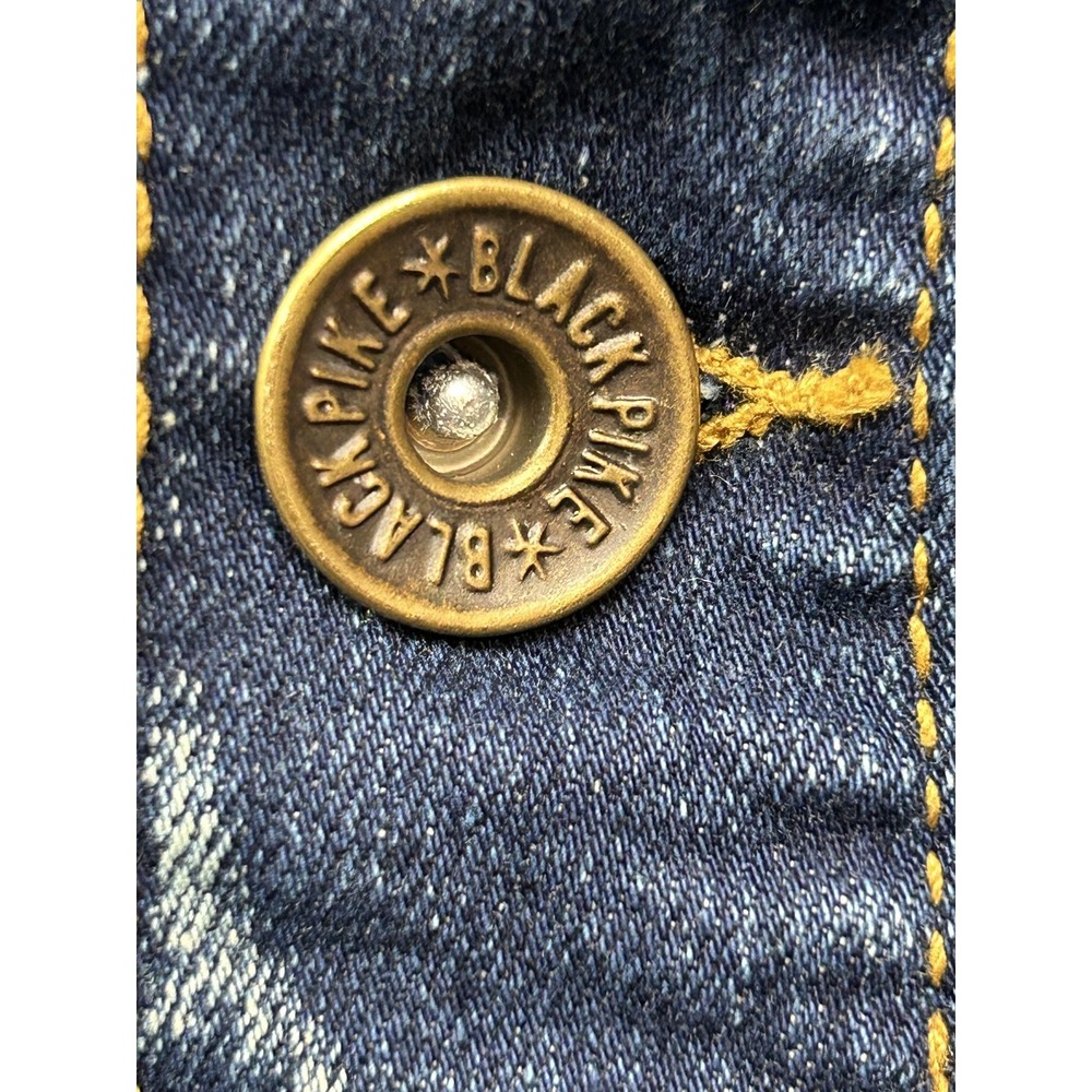 Black Pike Jacket Mens Medium Distressed Denim Trucker Embroidered Tiger Legend - Picture 7 of 9